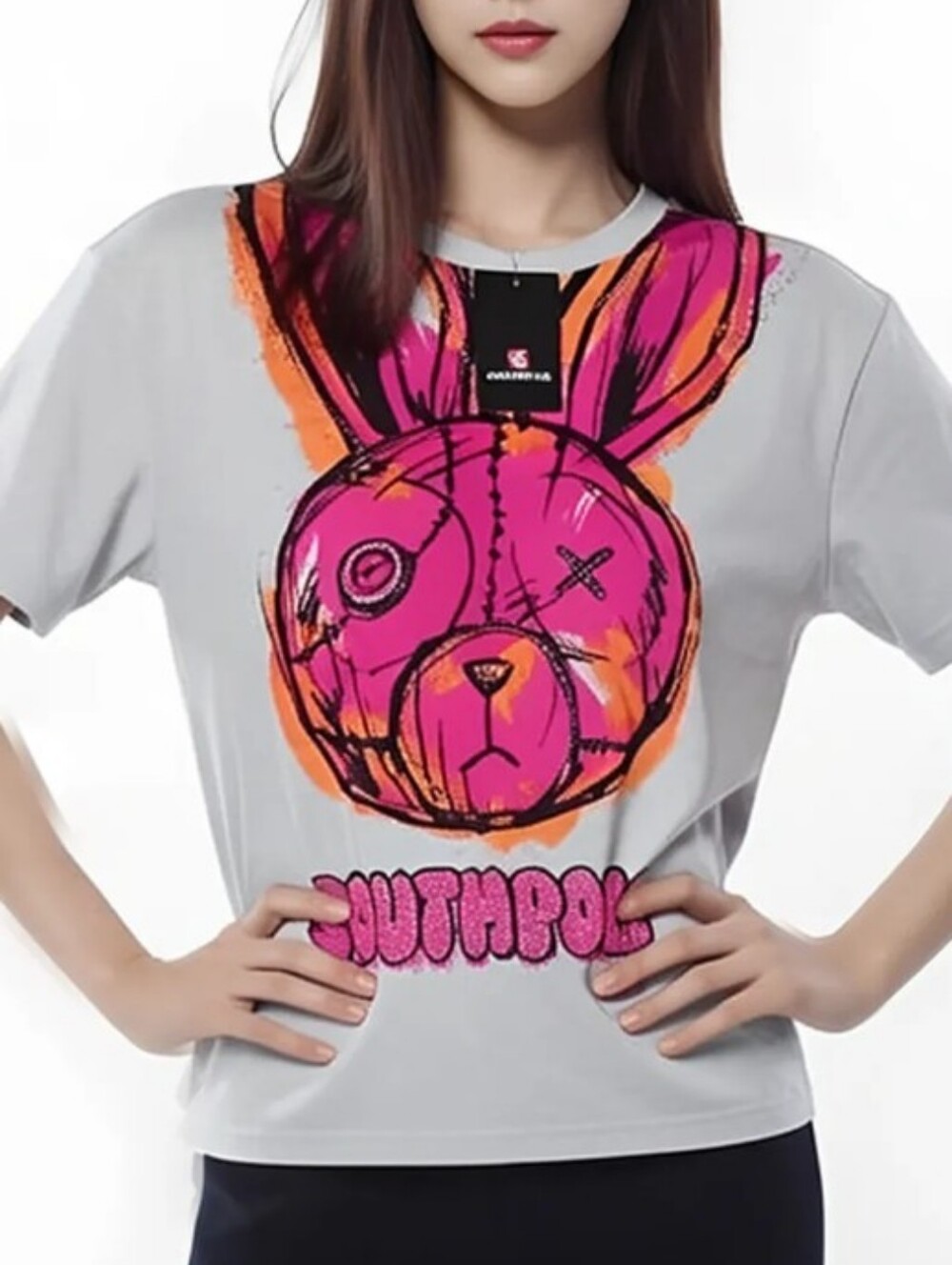 South Pole White Tee w Pink & Orange One-Eyed Bunny Graphic & Rhinestone Crystal